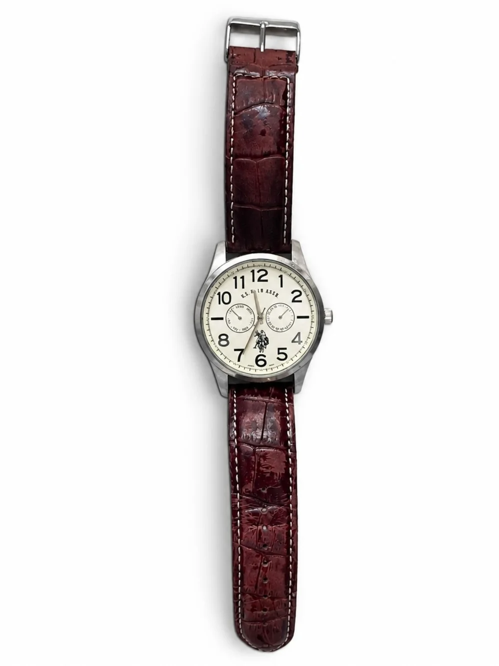 U.S. Polo Assn. Men's Watch with Burgundy Leather Strap and Silver Case